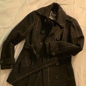 RW&Co smart black pinstripe check wool pea coat Sz S